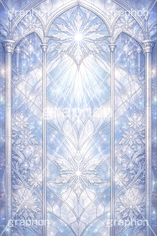 氷のステンドグラス,ステンドグラス,ガラス,色ガラス,ファンタジー,ゲーム,神殿,鉛,ハンダ,氷,雪,結晶,雪の結晶,西洋,教会,聖堂,glass,church,game,ice,snow,AI生成素材