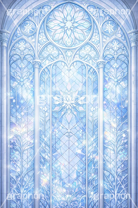 氷のステンドグラス,ステンドグラス,ガラス,色ガラス,ファンタジー,ゲーム,神殿,鉛,ハンダ,氷,雪,結晶,雪の結晶,西洋,教会,聖堂,glass,church,game,ice,snow,AI生成素材