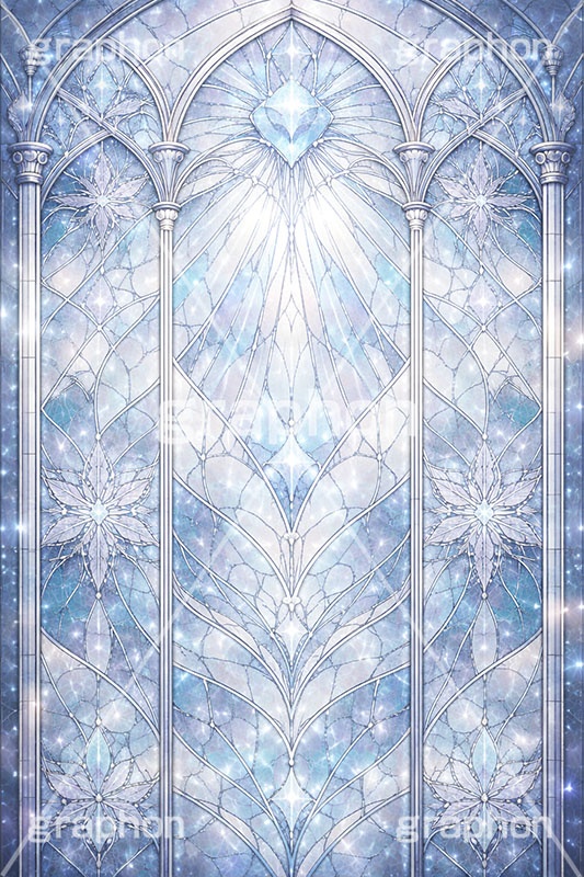氷のステンドグラス,ステンドグラス,ガラス,色ガラス,ファンタジー,ゲーム,神殿,鉛,ハンダ,氷,雪,結晶,雪の結晶,西洋,教会,聖堂,glass,church,game,ice,snow,AI生成素材