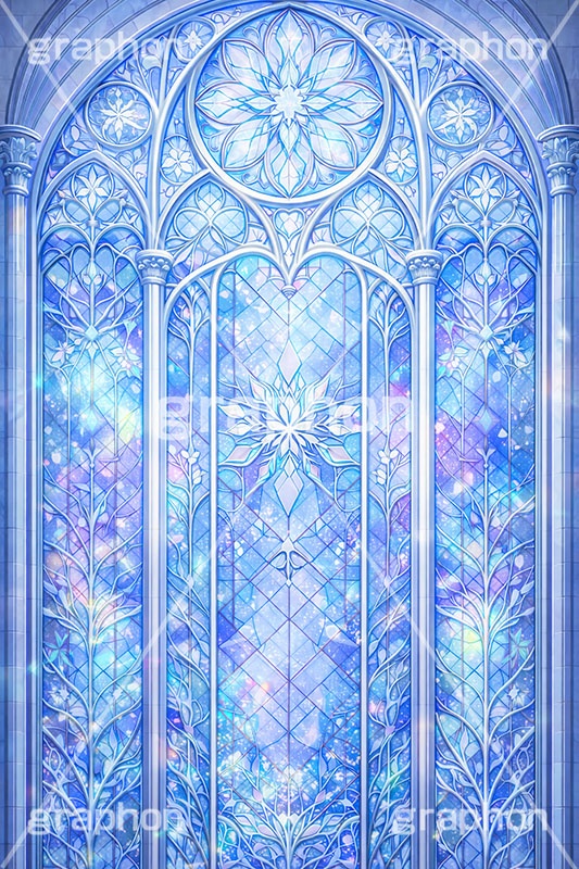 氷のステンドグラス,ステンドグラス,ガラス,色ガラス,ファンタジー,ゲーム,神殿,鉛,ハンダ,氷,雪,結晶,雪の結晶,西洋,教会,聖堂,glass,church,game,ice,snow,AI生成素材