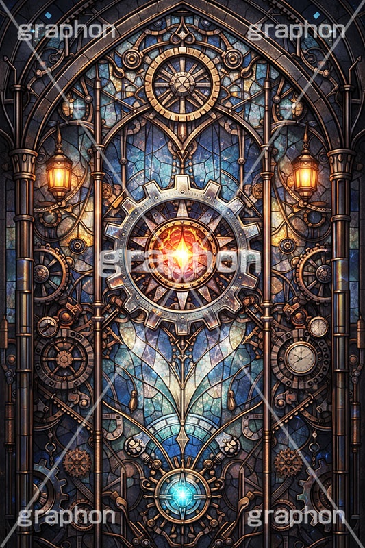 スチームパンクなステンドグラス,ステンドグラス,ガラス,色ガラス,ファンタジー,ゲーム,神殿,鉛,ハンダ,スチームパンク,歯車,かっこいい,カッコイイ,クール,西洋,教会,聖堂,glass,church,game,cool,punk,AI生成素材
