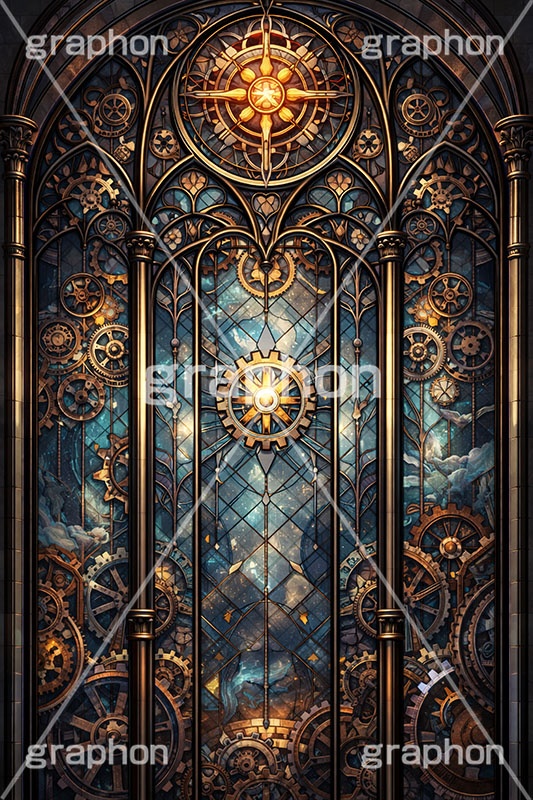 スチームパンクなステンドグラス,ステンドグラス,ガラス,色ガラス,ファンタジー,ゲーム,神殿,鉛,ハンダ,スチームパンク,歯車,かっこいい,カッコイイ,クール,西洋,教会,聖堂,glass,church,game,cool,punk,AI生成素材