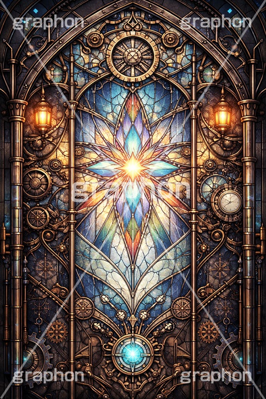 スチームパンクなステンドグラス,ステンドグラス,ガラス,色ガラス,ファンタジー,ゲーム,神殿,鉛,ハンダ,スチームパンク,歯車,かっこいい,カッコイイ,クール,西洋,教会,聖堂,glass,church,game,cool,punk,AI生成素材