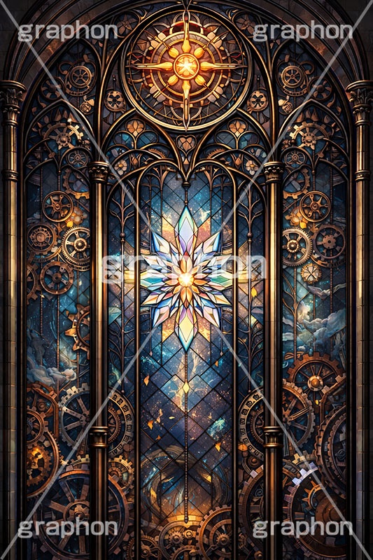 スチームパンクなステンドグラス,ステンドグラス,ガラス,色ガラス,ファンタジー,ゲーム,神殿,鉛,ハンダ,スチームパンク,歯車,かっこいい,カッコイイ,クール,西洋,教会,聖堂,glass,church,game,cool,punk,AI生成素材