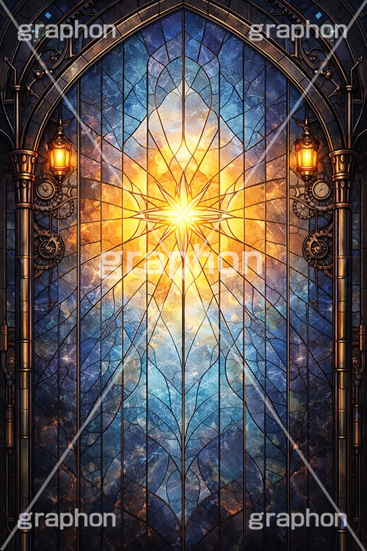 スチームパンクなステンドグラス,ステンドグラス,ガラス,色ガラス,ファンタジー,ゲーム,神殿,鉛,ハンダ,スチームパンク,歯車,かっこいい,カッコイイ,クール,西洋,教会,聖堂,glass,church,game,cool,punk,AI生成素材