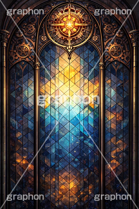 スチームパンクなステンドグラス,ステンドグラス,ガラス,色ガラス,ファンタジー,ゲーム,神殿,鉛,ハンダ,スチームパンク,歯車,かっこいい,カッコイイ,クール,西洋,教会,聖堂,glass,church,game,cool,punk,AI生成素材