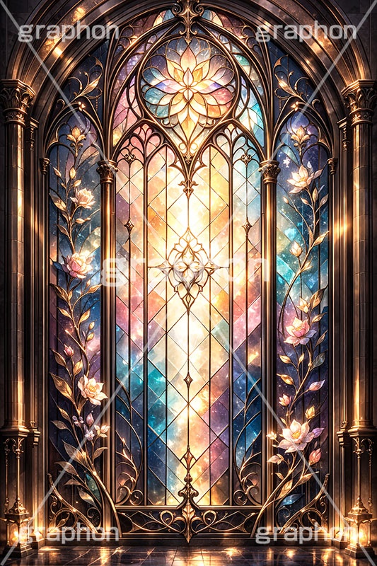 おとぎ話のステンドグラス,ステンドグラス,ガラス,色ガラス,ファンタジー,ゲーム,神殿,鉛,ハンダ,プリンセス,おとぎ話,童話,フラワー,西洋,教会,聖堂,glass,church,game,princess,AI生成素材