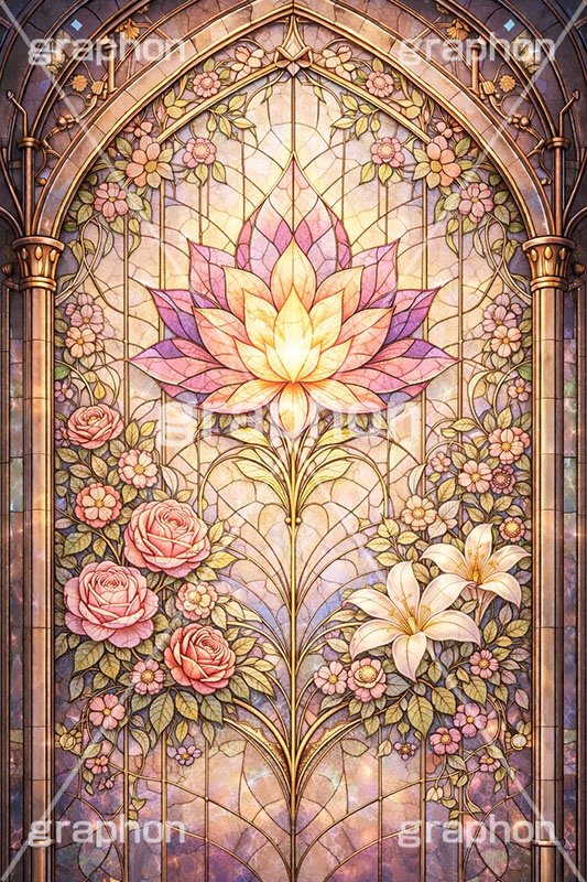 おとぎ話のステンドグラス,ステンドグラス,ガラス,色ガラス,ファンタジー,ゲーム,神殿,鉛,ハンダ,プリンセス,おとぎ話,童話,フラワー,西洋,教会,聖堂,glass,church,game,princess,AI生成素材