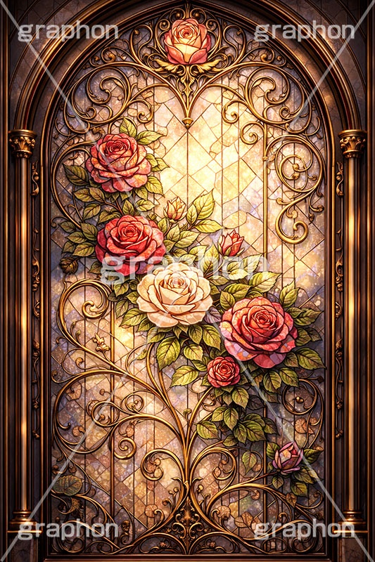 おとぎ話のステンドグラス,ステンドグラス,ガラス,色ガラス,ファンタジー,ゲーム,神殿,鉛,ハンダ,プリンセス,おとぎ話,童話,フラワー,バラ,薔薇,ローズ,西洋,教会,聖堂,glass,church,game,princess,rose,AI生成素材