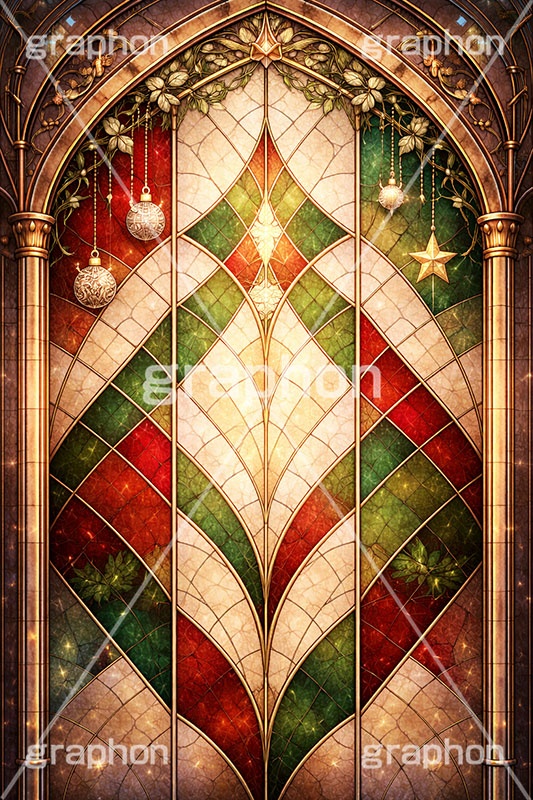 クリスマスのステンドグラス,ステンドグラス,ガラス,色ガラス,ファンタジー,神殿,鉛,ハンダ,クリスマス,オーナメント,西洋,教会,聖堂,glass,church,christmas,ornament,AI生成素材
