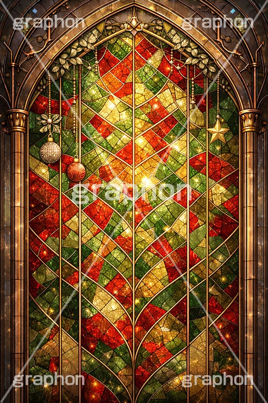 クリスマスのステンドグラス,ステンドグラス,ガラス,色ガラス,ファンタジー,神殿,鉛,ハンダ,クリスマス,オーナメント,西洋,教会,聖堂,glass,church,christmas,ornament,AI生成素材