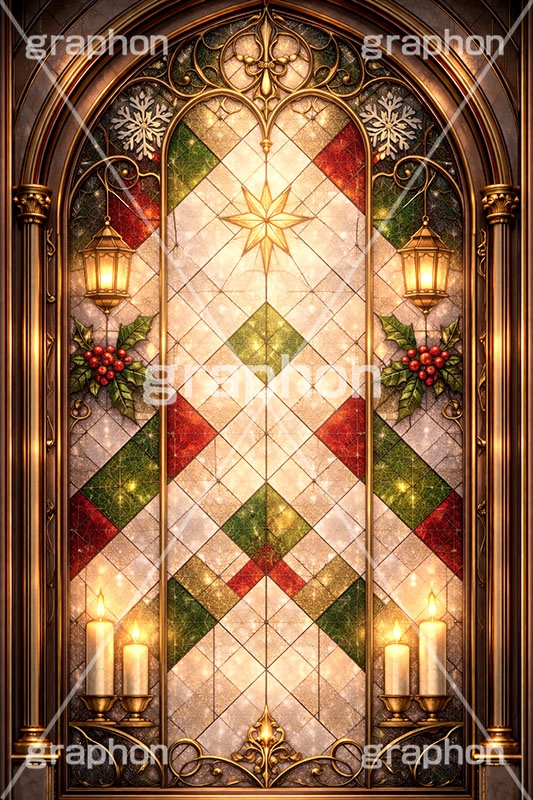 クリスマスのステンドグラス,ステンドグラス,ガラス,色ガラス,ファンタジー,神殿,鉛,ハンダ,クリスマス,キャンドル,ロウソク,ろうそく,蝋燭,西洋,教会,聖堂,glass,church,christmas,candle,AI生成素材