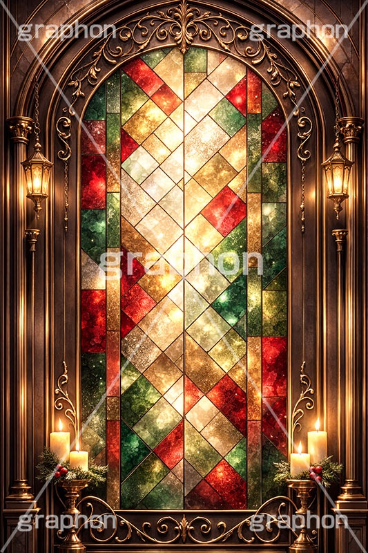 クリスマスのステンドグラス,ステンドグラス,ガラス,色ガラス,ファンタジー,神殿,鉛,ハンダ,クリスマス,キャンドル,ロウソク,ろうそく,蝋燭,西洋,教会,聖堂,glass,church,christmas,candle,AI生成素材