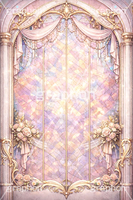 ロココ調のステンドグラス,ステンドグラス,ガラス,色ガラス,ファンタジー,ゲーム,神殿,鉛,ロココ調,ロリータ,プリンセス,おとぎ話,童話,パステル,かわいい,カワイイ,可愛い,パステル,ハンダ,西洋,教会,聖堂,glass,church,game,pastel,princess,pastel,AI生成素材