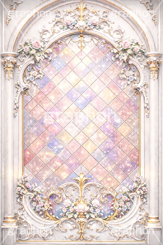 ロココ調のステンドグラス,ステンドグラス,ガラス,色ガラス,ファンタジー,ゲーム,神殿,鉛,ロココ調,ロリータ,プリンセス,おとぎ話,童話,パステル,かわいい,カワイイ,可愛い,パステル,ハンダ,西洋,教会,聖堂,glass,church,game,pastel,princess,pastel,AI生成素材