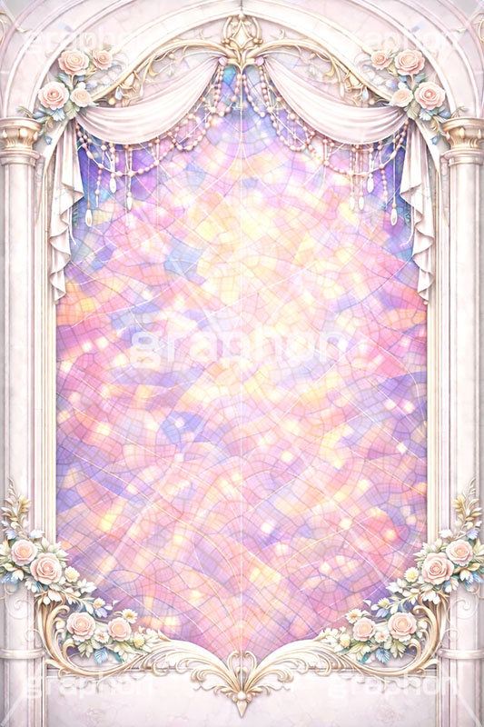 ロココ調のステンドグラス,ステンドグラス,ガラス,色ガラス,ファンタジー,ゲーム,神殿,鉛,ロココ調,ロリータ,プリンセス,おとぎ話,童話,パステル,かわいい,カワイイ,可愛い,パステル,ハンダ,西洋,教会,聖堂,glass,church,game,pastel,princess,pastel,AI生成素材