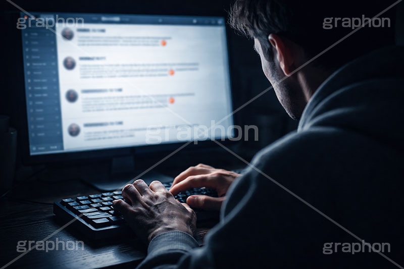 誹謗中傷,中傷,加害,加害者,開示,操作,掲示板,SNS,BBS,投稿,書き込み,こっそり,キーボード,パソコン,PC,手,人物,男性,インターネット,デジタル,秘密,内緒,keyboard,digital,Internet,hand,computer,AI生成素材