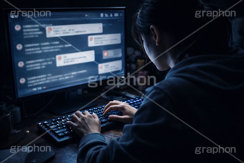 誹謗中傷,中傷,加害,加害者,開示,操作,掲示板,SNS,BBS,投稿,書き込み,こっそり,キーボード,パソコン,PC,手,人物,女性,インターネット,デジタル,秘密,内緒,keyboard,digital,Internet,hand,computer,AI生成素材