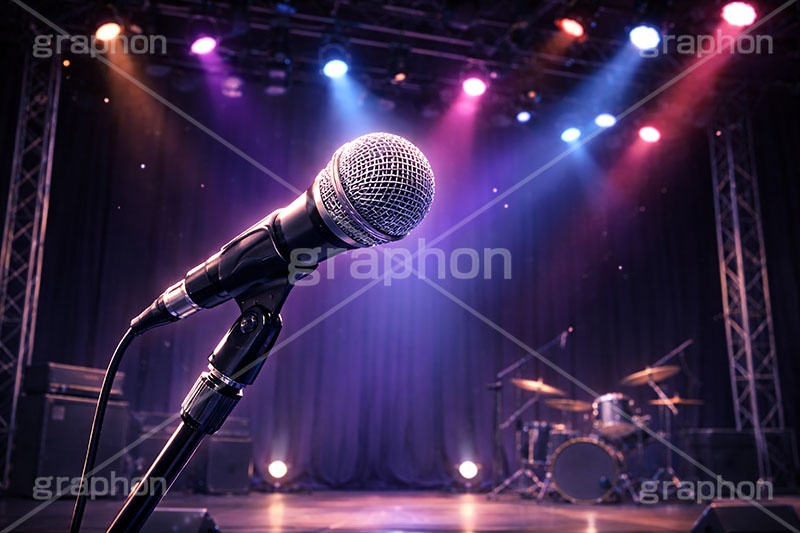 ライブステージ,マイク,マイクスタンド,ステージ,推し,推し活,舞台,ライブ,ライヴ,コンサート,アイドル,シアター,ホール,背景,照明,音楽,主役,ミュージック,ライト,スポットライト,イラスト,illustration,light,hall,theater,live,stage,music,mic,concert,AI生成素材