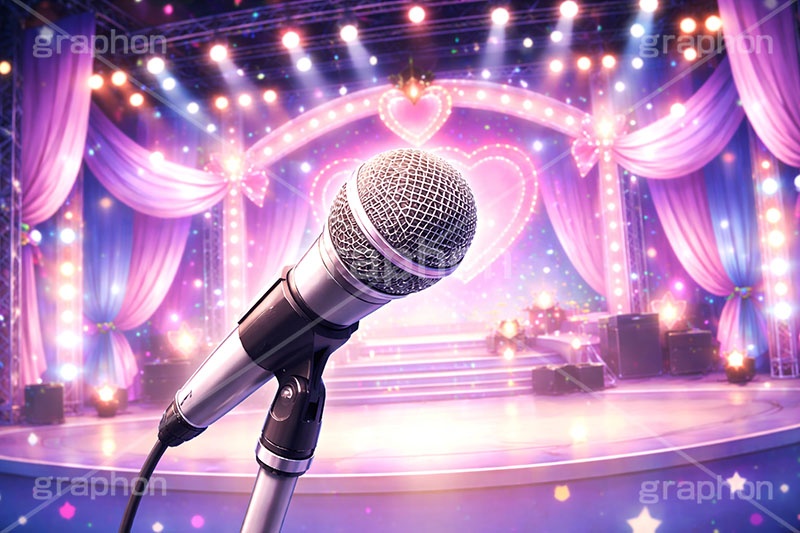 ライブステージ,マイク,マイクスタンド,ステージ,推し,推し活,舞台,ライブ,ライヴ,コンサート,アイドル,シアター,ホール,背景,照明,音楽,主役,ミュージック,ライト,スポットライト,イラスト,illustration,light,hall,theater,live,stage,music,mic,concert,AI生成素材