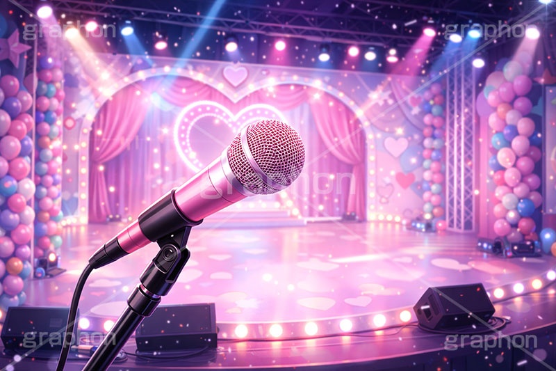 ライブステージ,マイク,マイクスタンド,ステージ,推し,推し活,舞台,ライブ,ライヴ,コンサート,アイドル,シアター,ホール,背景,照明,音楽,主役,ミュージック,ライト,スポットライト,イラスト,illustration,light,hall,theater,live,stage,music,mic,concert,AI生成素材