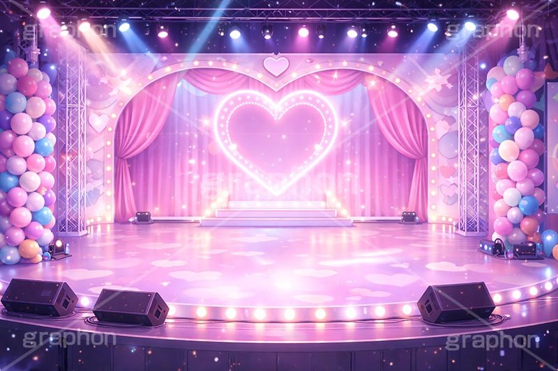 アイドルステージ,ライブステージ,アイドル,ステージ,推し,推し活,舞台,ライブ,ライヴ,コンサート,シアター,ホール,サイリウム,ペンライト,メンバーカラー,背景,照明,音楽,主役,ミュージック,ライト,スポットライト,イラスト,かわいい,カワイイ,可愛い,ハート,heart,illustration,light,hall,theater,live,stage,music,idol,cute,AI生成素材