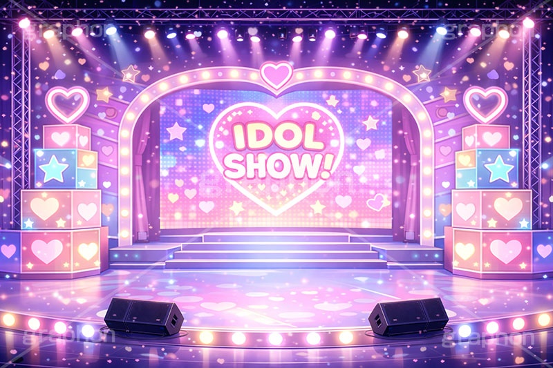 アイドルステージ,ライブステージ,アイドル,ステージ,推し,推し活,舞台,ライブ,ライヴ,コンサート,シアター,ホール,サイリウム,ペンライト,メンバーカラー,背景,照明,音楽,主役,ミュージック,ライト,スポットライト,イラスト,かわいい,カワイイ,可愛い,ハート,heart,illustration,light,hall,theater,live,stage,music,idol,cute,AI生成素材