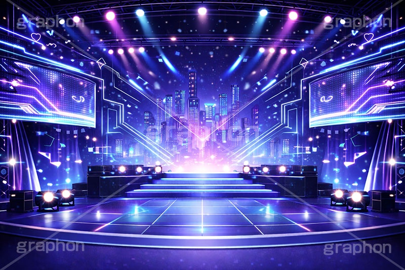 アイドルステージ,ライブステージ,アイドル,ステージ,推し,推し活,舞台,ライブ,ライヴ,コンサート,シアター,ホール,サイリウム,ペンライト,メンバーカラー,背景,照明,音楽,主役,ミュージック,ライト,スポットライト,イラスト,クール,かっこいい,カッコイイ,サイバー,近未来,cool,illustration,light,hall,theater,live,stage,music,idol,cute,AI生成素材