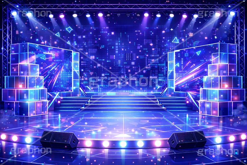 アイドルステージ,ライブステージ,アイドル,ステージ,推し,推し活,舞台,ライブ,ライヴ,コンサート,シアター,ホール,サイリウム,ペンライト,メンバーカラー,背景,照明,音楽,主役,ミュージック,ライト,スポットライト,イラスト,クール,かっこいい,カッコイイ,サイバー,近未来,cool,illustration,light,hall,theater,live,stage,music,idol,cute,AI生成素材
