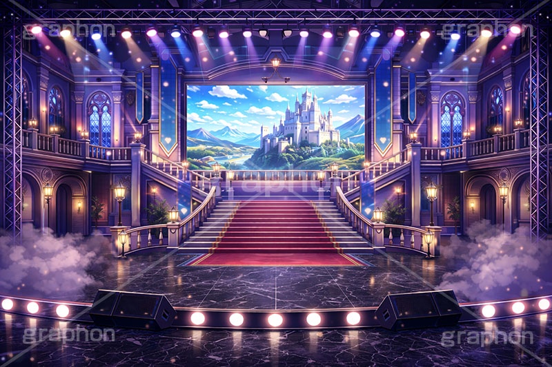 アイドルステージ,ライブステージ,アイドル,ステージ,ミュージカル,ファンタジー,西洋,お城,城,キャッスル,推し,推し活,舞台,ライブ,ライヴ,コンサート,シアター,ホール,サイリウム,ペンライト,メンバーカラー,背景,照明,音楽,主役,ミュージック,ライト,スポットライト,イラスト,かわいい,カワイイ,可愛い,illustration,light,hall,theater,live,stage,music,idol,cute,musical,castle,AI生成素材