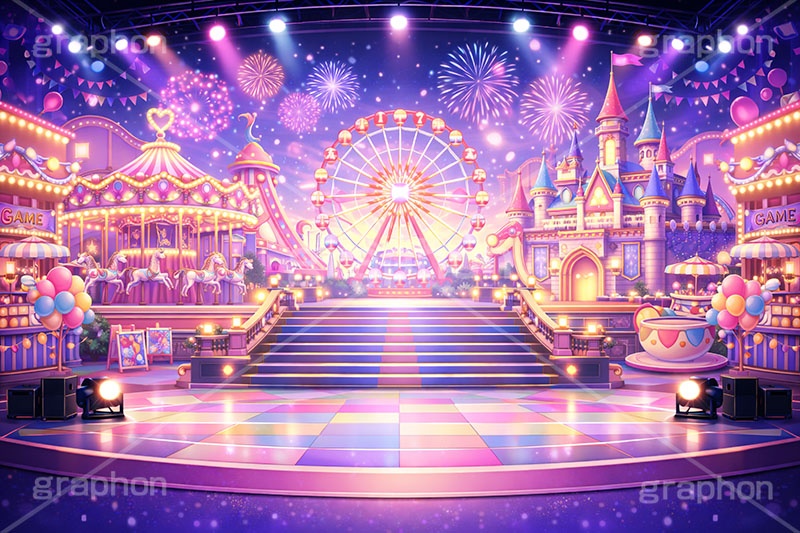 アイドルステージ,ライブステージ,アイドル,ステージ,ミュージカル,遊園地,テーマパーク,ファンタジー,西洋,お城,城,キャッスル,推し,推し活,舞台,ライブ,ライヴ,コンサート,シアター,ホール,サイリウム,ペンライト,メンバーカラー,背景,照明,音楽,主役,ミュージック,ライト,スポットライト,イラスト,かわいい,カワイイ,可愛い,illustration,light,hall,theater,live,stage,music,idol,cute,musical,castle,AI生成素材