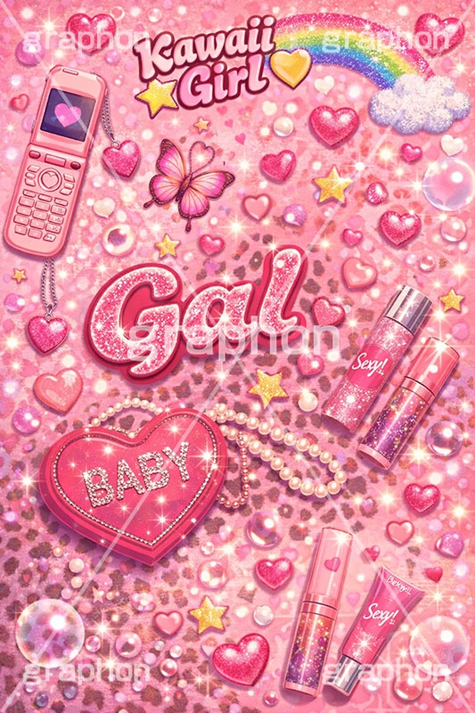 平成ギャル背景,平成ギャル,平成リバイバル,ラメ,携帯電話,携帯,蝶,ちょう,バタフライ,アゲハ,ガラケー,メイク,メイク道具,リップ,アクセ,アクセサリー,ヒョウ柄,アニマル柄,豹柄,ギャル,カワイイ,可愛い,かわいい,ハート,虹,レインボー,懐かしい,rainbow,heart,makeup,gal,texture,AI生成素材