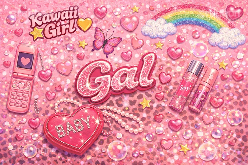 平成ギャル背景,平成ギャル,平成リバイバル,ラメ,携帯電話,携帯,蝶,ちょう,バタフライ,アゲハ,ガラケー,メイク,メイク道具,リップ,アクセ,アクセサリー,ヒョウ柄,アニマル柄,豹柄,ギャル,カワイイ,可愛い,かわいい,ハート,虹,レインボー,懐かしい,rainbow,heart,makeup,gal,texture,AI生成素材