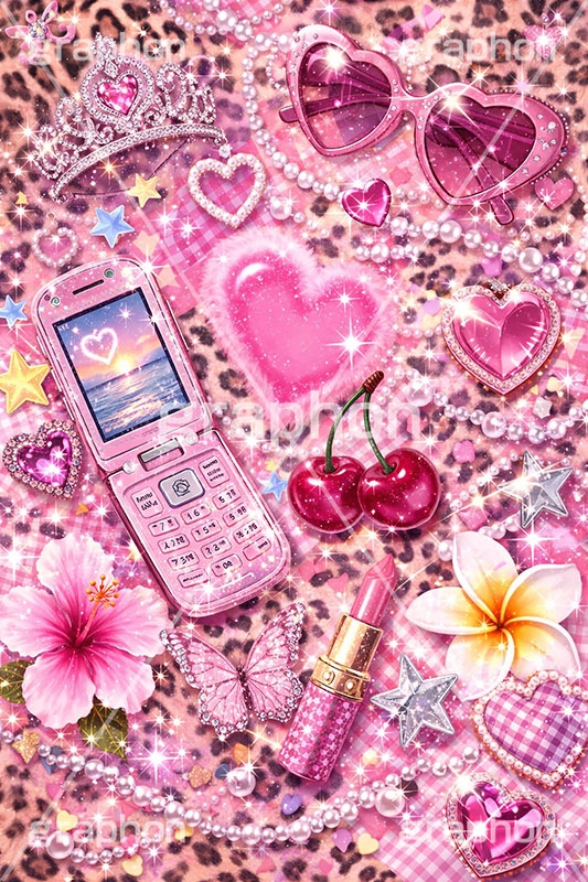 平成ギャル背景,平成ギャル,平成リバイバル,ラメ,携帯電話,携帯,蝶,ちょう,バタフライ,アゲハ,ガラケー,サングラス,ティアラ,ハイビスカス,チェリー,サクランボ,さくらんぼ,メイク,メイク道具,リップ,口紅,アクセ,アクセサリー,ヒョウ柄,アニマル柄,豹柄,ギャル,カワイイ,可愛い,かわいい,ハート,虹,レインボー,ジュエル,懐かしい,jewel,rainbow,heart,makeup,gal,texture,tiara,hibiscus,cherry,AI生成素材