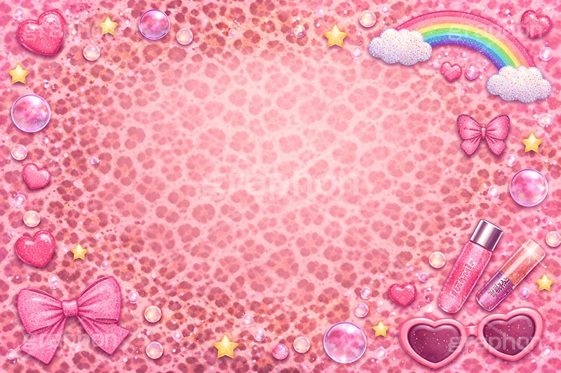 平成ギャル背景,平成ギャル,平成リバイバル,ラメ,サングラス,リボン,メイク,メイク道具,リップ,アクセ,アクセサリー,ヒョウ柄,アニマル柄,豹柄,ギャル,カワイイ,可愛い,かわいい,ハート,虹,レインボー,懐かしい,ribbon,rainbow,heart,makeup,gal,texture,AI生成素材