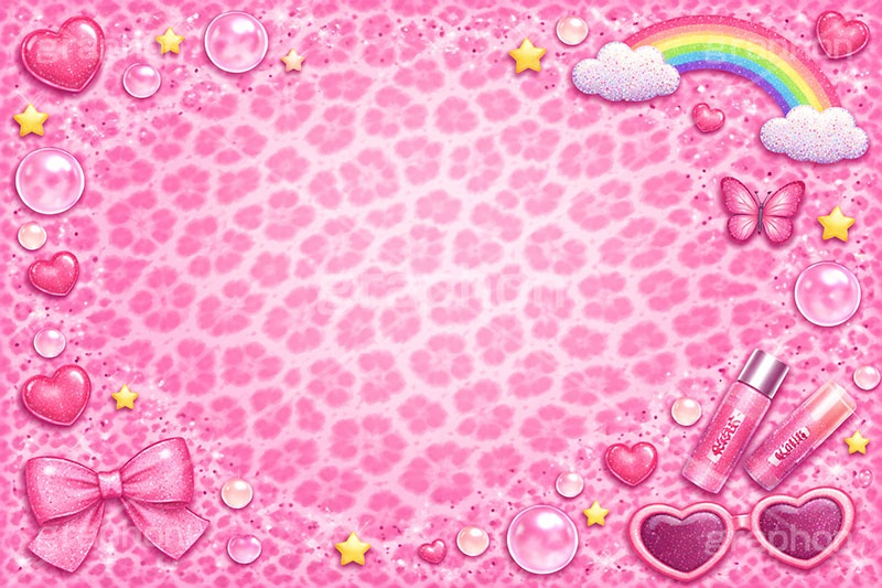 平成ギャル背景,平成ギャル,平成リバイバル,ラメ,サングラス,リボン,メイク,メイク道具,リップ,アクセ,アクセサリー,ヒョウ柄,アニマル柄,豹柄,ギャル,カワイイ,可愛い,かわいい,ハート,虹,レインボー,懐かしい,ribbon,rainbow,heart,makeup,gal,texture,AI生成素材