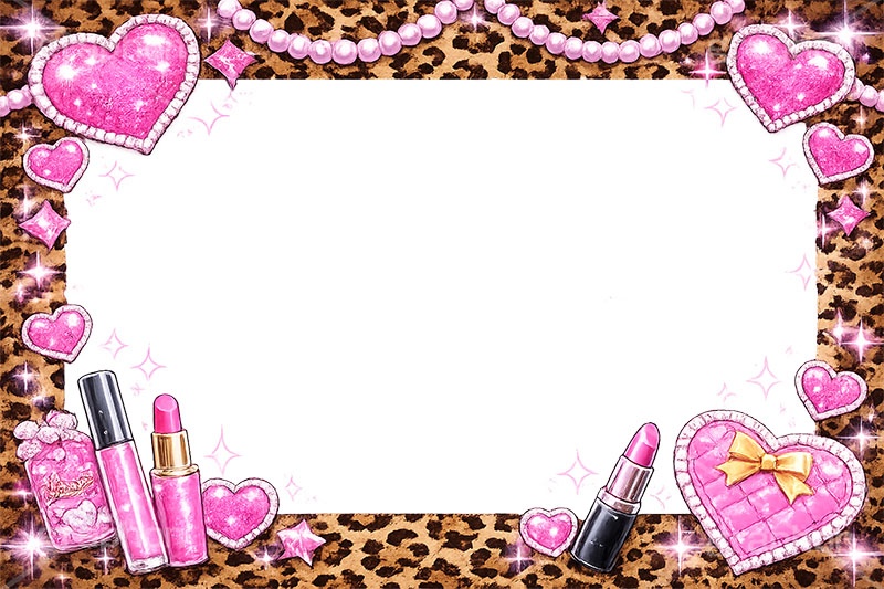平成ギャル・フレーム,平成ギャル背景,平成ギャル,平成リバイバル,ラメ,メイク,メイク道具,リップ,口紅,アクセ,アクセサリー,ヒョウ柄,アニマル柄,豹柄,ギャル,カワイイ,可愛い,かわいい,ハート,ジュエル,懐かしい,jewel,heart,makeup,gal,texture,AI生成素材