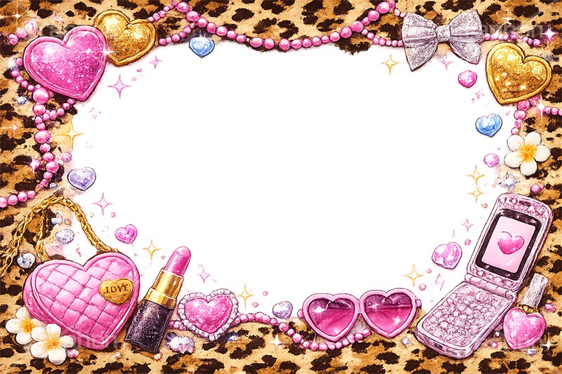 平成ギャル・フレーム,平成ギャル背景,平成ギャル,平成リバイバル,ラメ,携帯電話,携帯,ガラケー,メイク,メイク道具,リップ,口紅,アクセ,アクセサリー,ヒョウ柄,アニマル柄,豹柄,ギャル,カワイイ,可愛い,かわいい,ジュエル,懐かしい,jewel,heart,makeup,gal,texture,AI生成素材