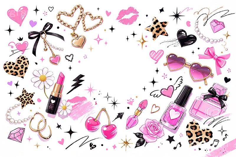 平成ギャル背景,平成ギャル,平成リバイバル,ラメ,メイク,メイク道具,リップ,口紅,香水瓶,香水,アクセ,アクセサリー,ヒョウ柄,アニマル柄,豹柄,ギャル,カワイイ,可愛い,かわいい,ハート,ジュエル,お洒落,おしゃれ,オシャレ,ファッション,懐かしい,fashion,jewel,heart,makeup,gal,texture,AI生成素材