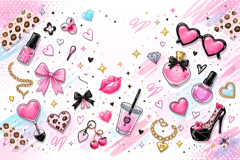 平成ギャル背景,平成ギャル,平成リバイバル,ラメ,メイク,メイク道具,リップ,口紅,香水瓶,香水,アクセ,アクセサリー,ヒョウ柄,アニマル柄,豹柄,ギャル,カワイイ,可愛い,かわいい,ハート,ジュエル,お洒落,おしゃれ,オシャレ,ファッション,懐かしい,fashion,jewel,heart,makeup,gal,texture,AI生成素材