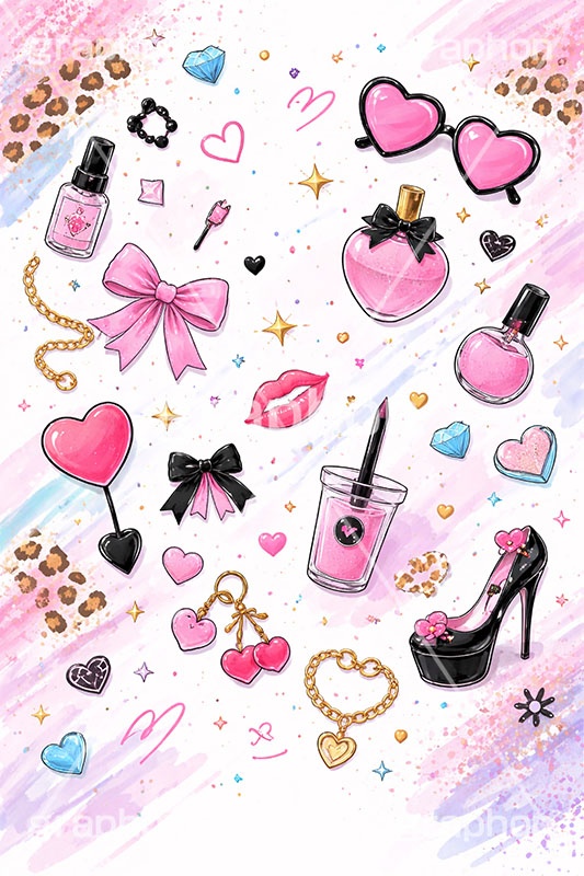 平成ギャル背景,平成ギャル,平成リバイバル,ラメ,メイク,メイク道具,リップ,口紅,香水瓶,香水,アクセ,アクセサリー,ヒョウ柄,アニマル柄,豹柄,ギャル,カワイイ,可愛い,かわいい,ハート,ジュエル,お洒落,おしゃれ,オシャレ,ファッション,懐かしい,fashion,jewel,heart,makeup,gal,texture,AI生成素材