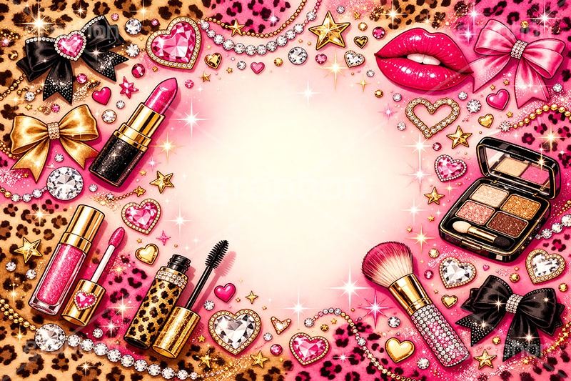 平成ギャル・フレーム,平成ギャル背景,平成ギャル,平成リバイバル,ラメ,メイク,メイク道具,リップ,口紅,マスカラ,唇,パール,アクセ,アクセサリー,ヒョウ柄,アニマル柄,豹柄,ギャル,カワイイ,可愛い,かわいい,ハート,ジュエル,お洒落,おしゃれ,オシャレ,ファッション,リボン,懐かしい,ribbon,fashion,jewel,heart,makeup,gal,texture,AI生成素材