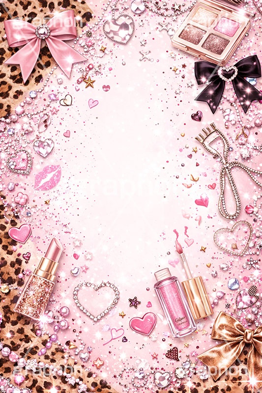 平成ギャル・フレーム,平成ギャル背景,平成ギャル,平成リバイバル,ラメ,メイク,メイク道具,リップ,口紅,アクセ,アクセサリー,ヒョウ柄,アニマル柄,豹柄,ギャル,カワイイ,可愛い,かわいい,ハート,ジュエル,お洒落,おしゃれ,オシャレ,ファッション,リボン,懐かしい,ribbon,fashion,jewel,heart,makeup,gal,texture,AI生成素材