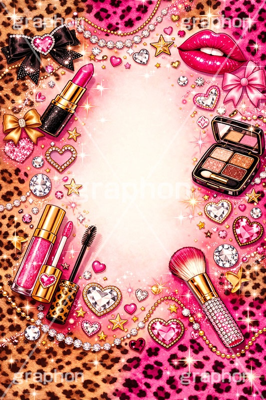 平成ギャル・フレーム,平成ギャル背景,平成ギャル,平成リバイバル,ラメ,メイク,メイク道具,リップ,口紅,唇,アクセ,アクセサリー,ヒョウ柄,アニマル柄,豹柄,ギャル,カワイイ,可愛い,かわいい,ハート,ジュエル,お洒落,おしゃれ,オシャレ,ファッション,リボン,懐かしい,ribbon,fashion,jewel,heart,makeup,gal,texture,AI生成素材