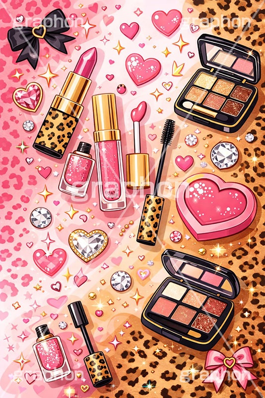 平成ギャル背景,平成ギャル,平成リバイバル,ラメ,メイク,メイク道具,リップ,口紅,マスカラ,アクセ,アクセサリー,ヒョウ柄,アニマル柄,豹柄,ギャル,カワイイ,可愛い,かわいい,ハート,ジュエル,宝石,お洒落,おしゃれ,オシャレ,ファッション,リボン,懐かしい,ribbon,fashion,jewel,heart,makeup,gal,texture,AI生成素材