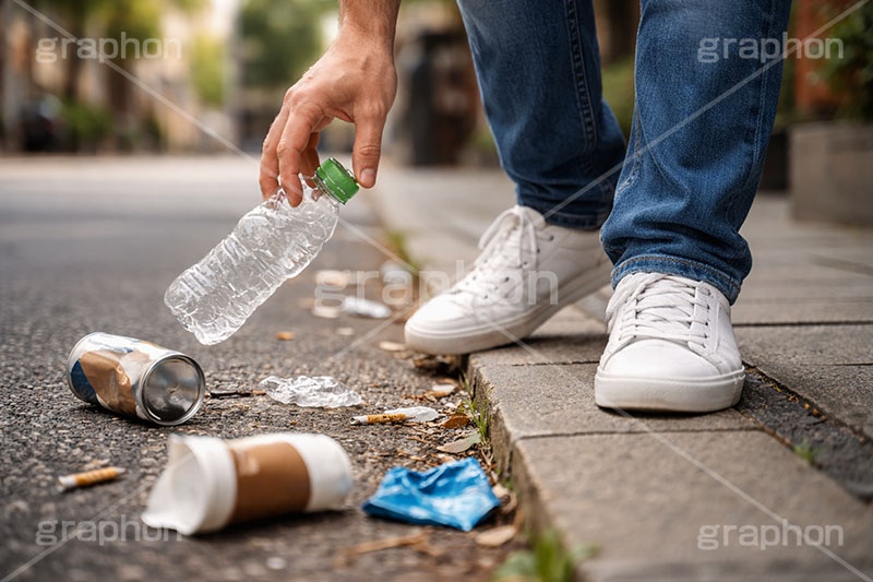 ポイ捨て,ゴミ拾い,拾う,捨てる,ポイ捨て,ごみ,ゴミ,ルール,マナー,空き缶,ペットボトル,路上,罪,悪,ダスト,人物,男性,男,dust,manner,rule,AI生成素材