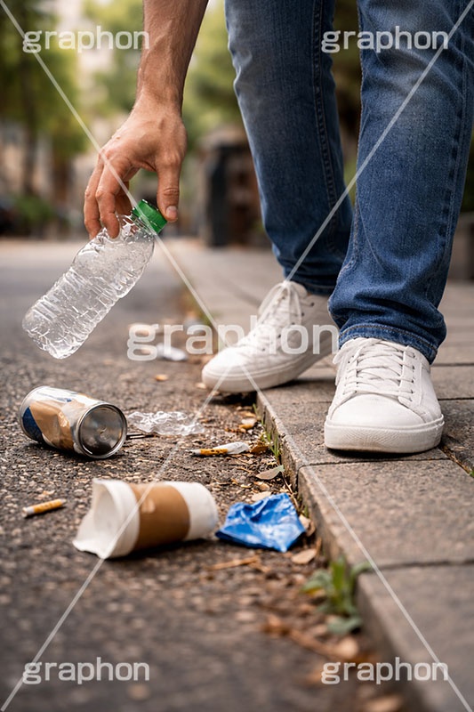 ポイ捨て,ゴミ拾い,拾う,捨てる,ポイ捨て,ごみ,ゴミ,ルール,マナー,空き缶,ペットボトル,路上,罪,悪,ダスト,人物,男性,女性,男,女,dust,manner,rule,AI生成素材