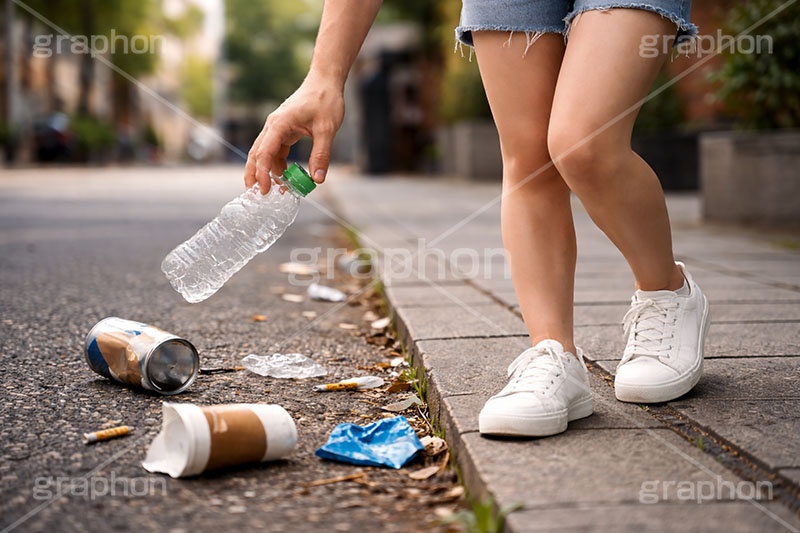 ポイ捨て,ゴミ拾い,拾う,捨てる,ポイ捨て,ごみ,ゴミ,ルール,マナー,空き缶,ペットボトル,路上,罪,悪,ダスト,人物,女性,女,dust,manner,rule,AI生成素材