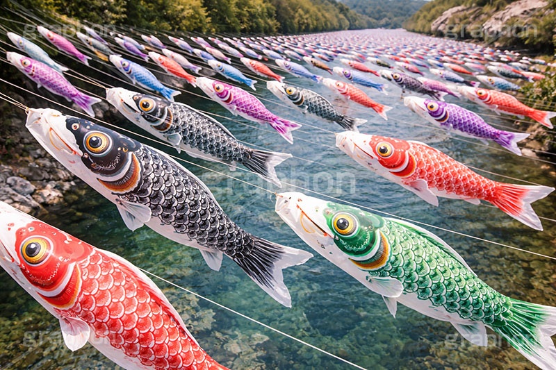 川を泳ぐ鯉のぼり,こどもの日,こいのぼり,鯉のぼり,5月5日,端午,節句,供物,子供の日,こども,子供,和,文化,風習,行事,なびく,川,river,event,kids,japan,AI生成素材