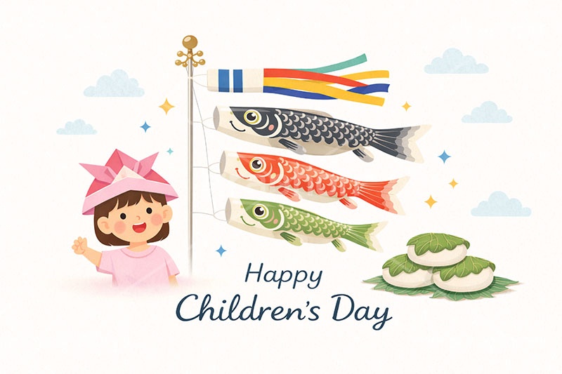 こどもの日イラスト,女の子,5月5日,鯉のぼり,かしわもち,こいのぼり,柏餅,かぶと,かしわ餅,兜,端午,節句,供物,こどもの日,子供の日,こども,子供,人物,和,文化,風習,行事,かわいい,可愛い,カワイイ,イラスト,illustration,event,kids,japan,AI生成素材